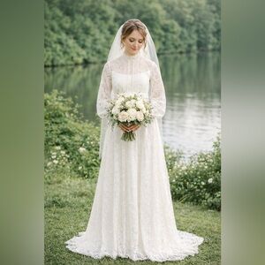 BRIDAL ORIGINALS Women’s VINTAGE 60’s 70’s Ivory Lace Long Sleeve Wedding Dress